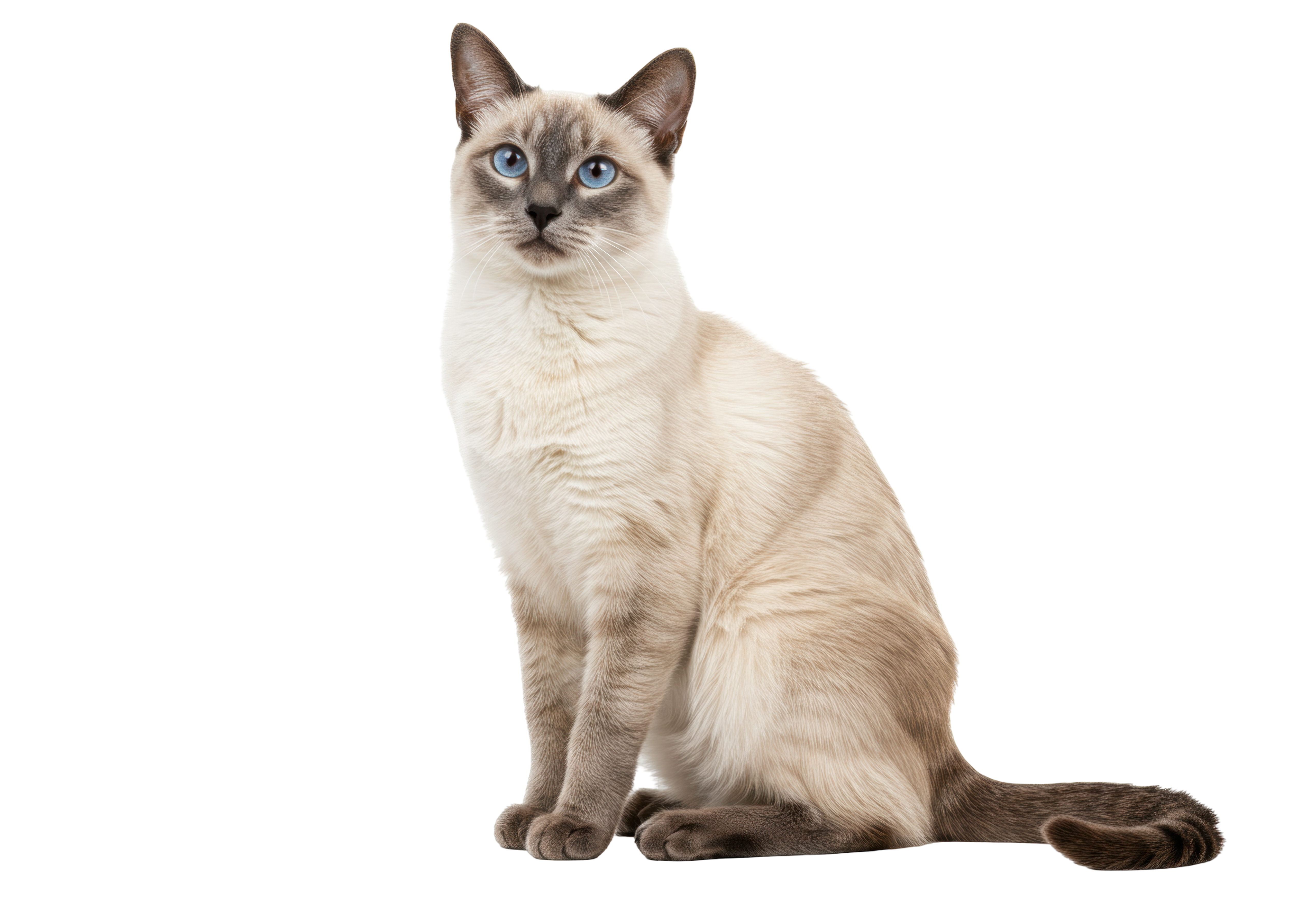 A cream-colored, blue-eyed cat with darker face, ears, paws, and tail